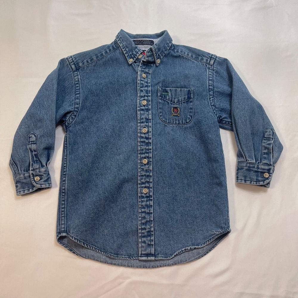 Vintage 90s Tommy Hilfiger Kids Size 4 Denim Shirt Crest Logo Button Down